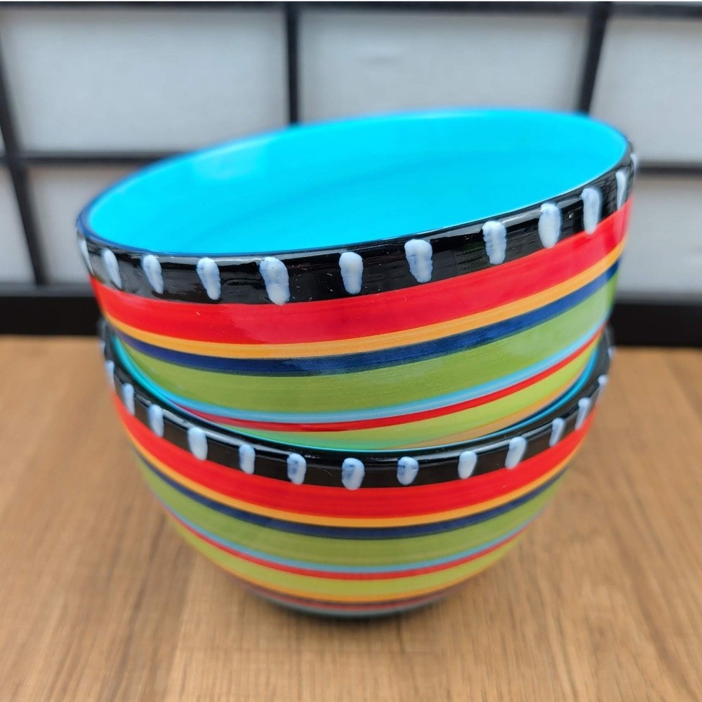Gibson Elite Pueblo Springs Striped Stoneware Bowls Set of 2 Turquoise Multi